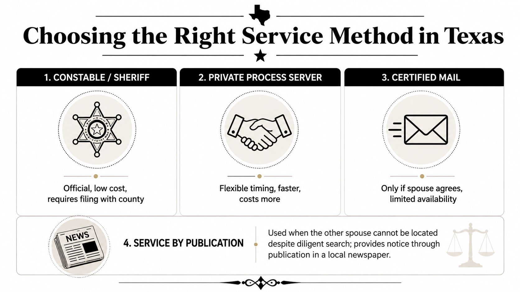 An infographic titled Choosing the Right Service Method in Texas outlining four legal options for serving divorce papers.