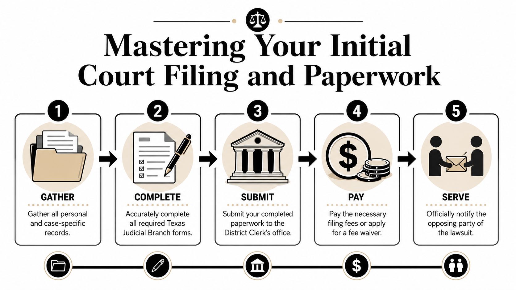 A five-step infographic showing the legal process for filing court paperwork in the Texas judicial branch.