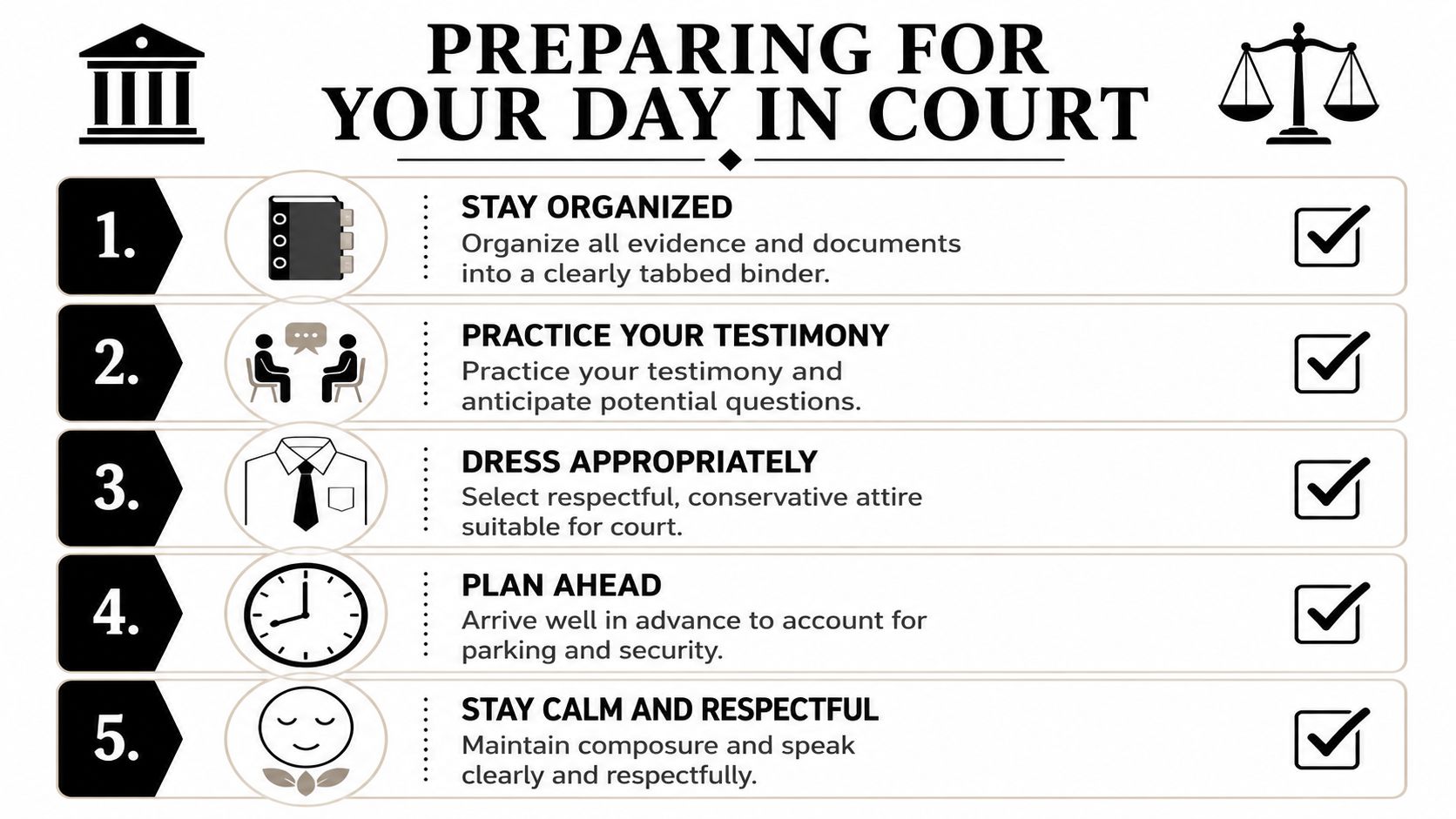 An infographic listing five tips for preparing for a day in court, including organization and professional behavior.