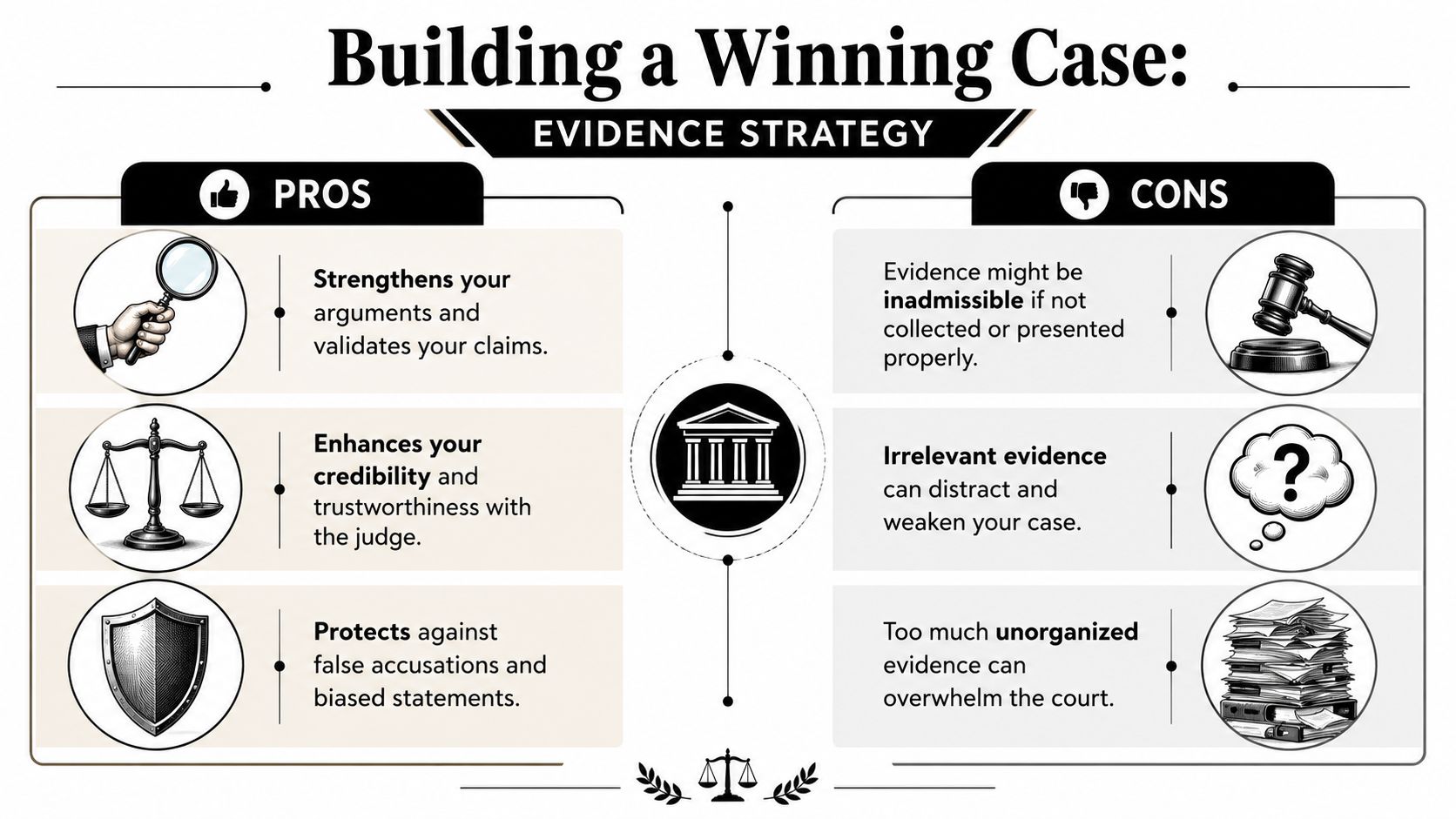 A visual guide titled Building a Winning Case, listing pros and cons of evidence strategy in court.