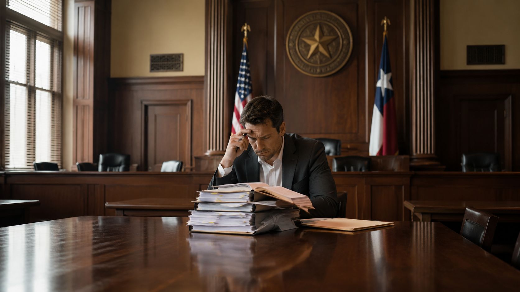 A stressed lawyer reading through a large stack of legal case files in a wood-paneled courtroom setting.