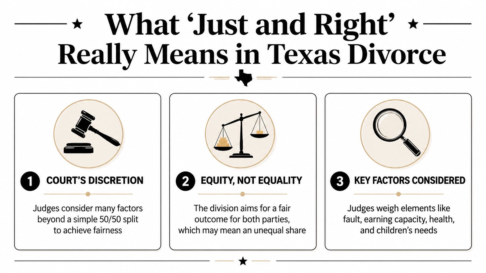 An infographic explaining the meaning of just and right property division in Texas divorce proceedings.