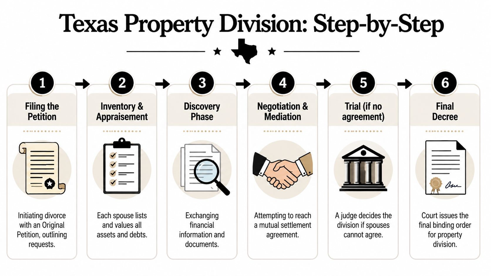 A six-step infographic detailing the legal process of property division during a divorce in Texas.