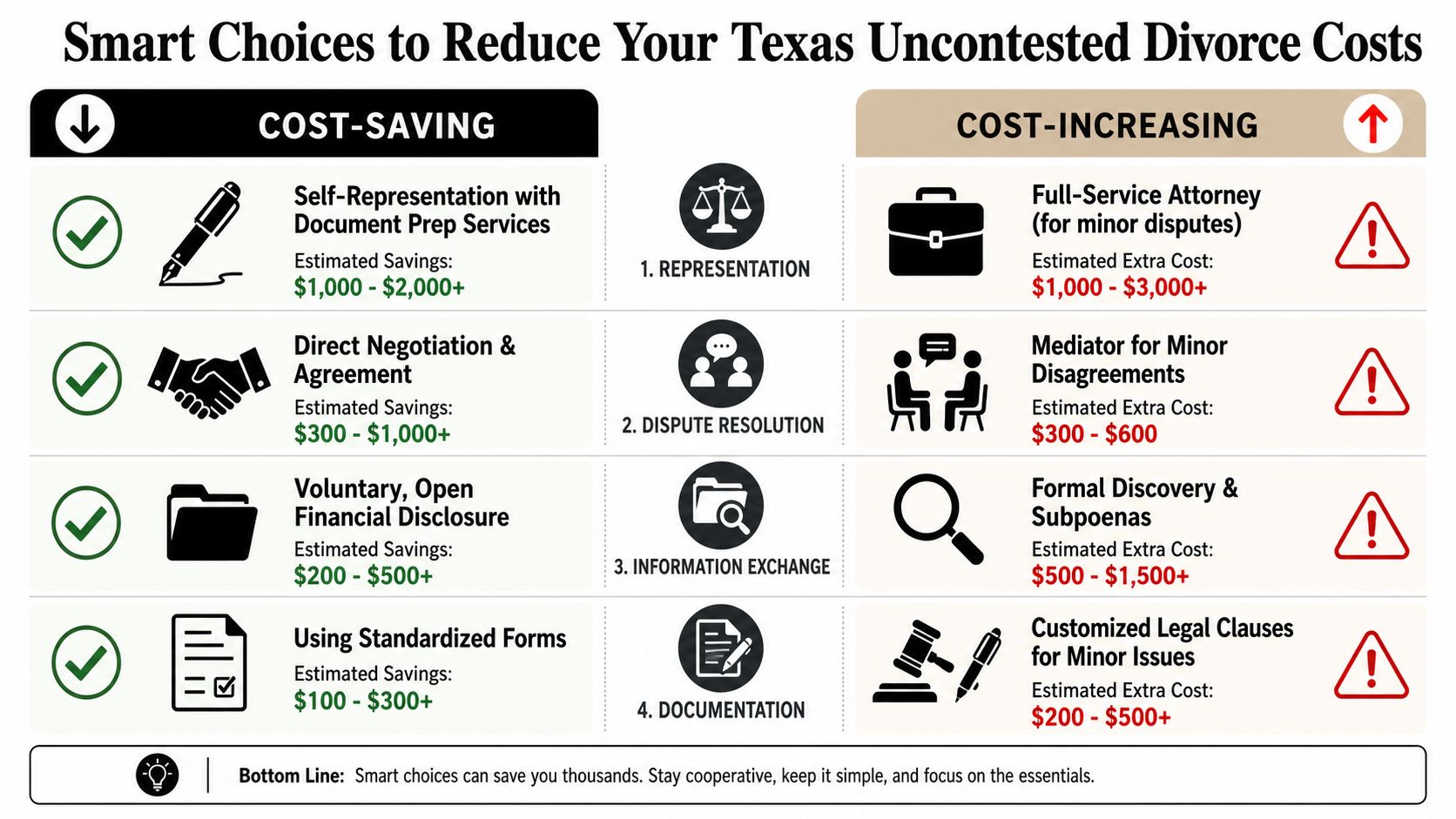 A comparative infographic showing cost-saving versus cost-increasing choices for an uncontested divorce in Texas.