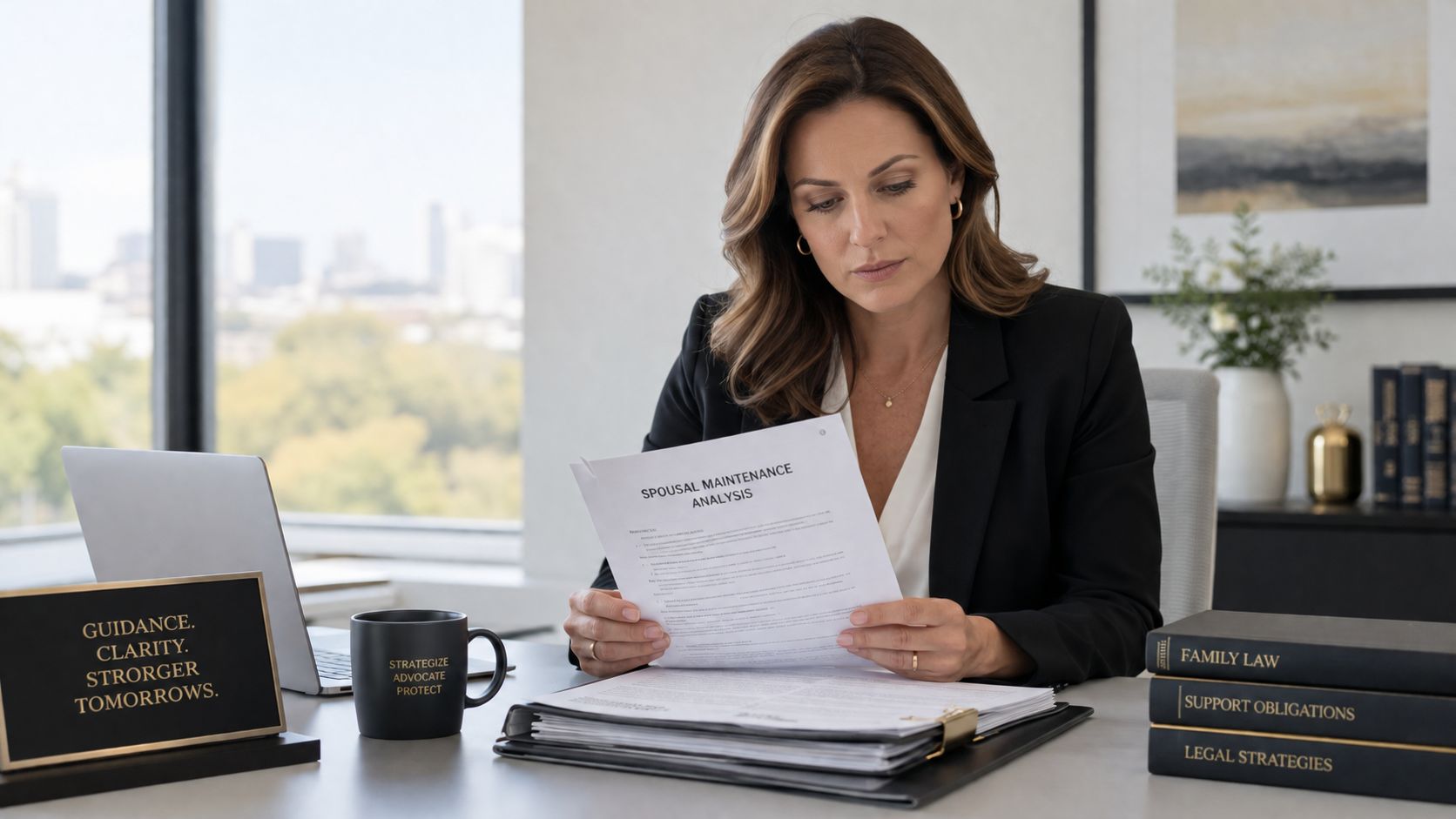 A professional female attorney reviewing a spousal maintenance analysis document in her bright, modern law office.