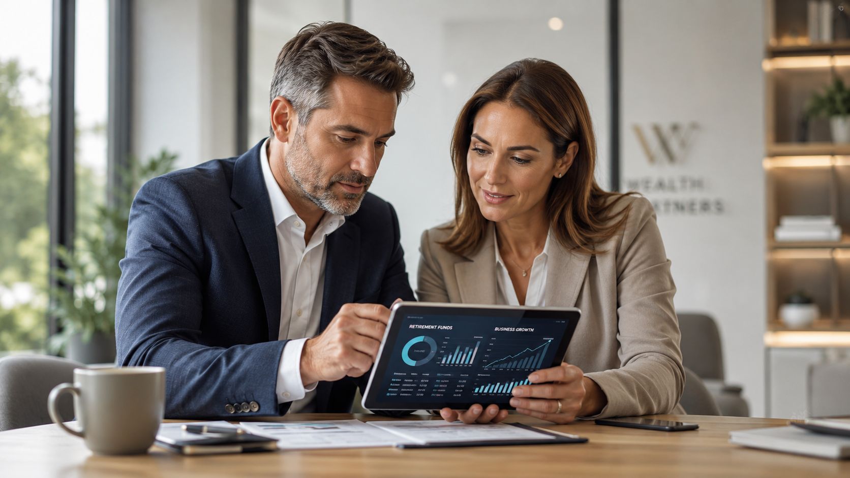 A professional financial advisor discussing retirement and business growth charts on a tablet with a female client.