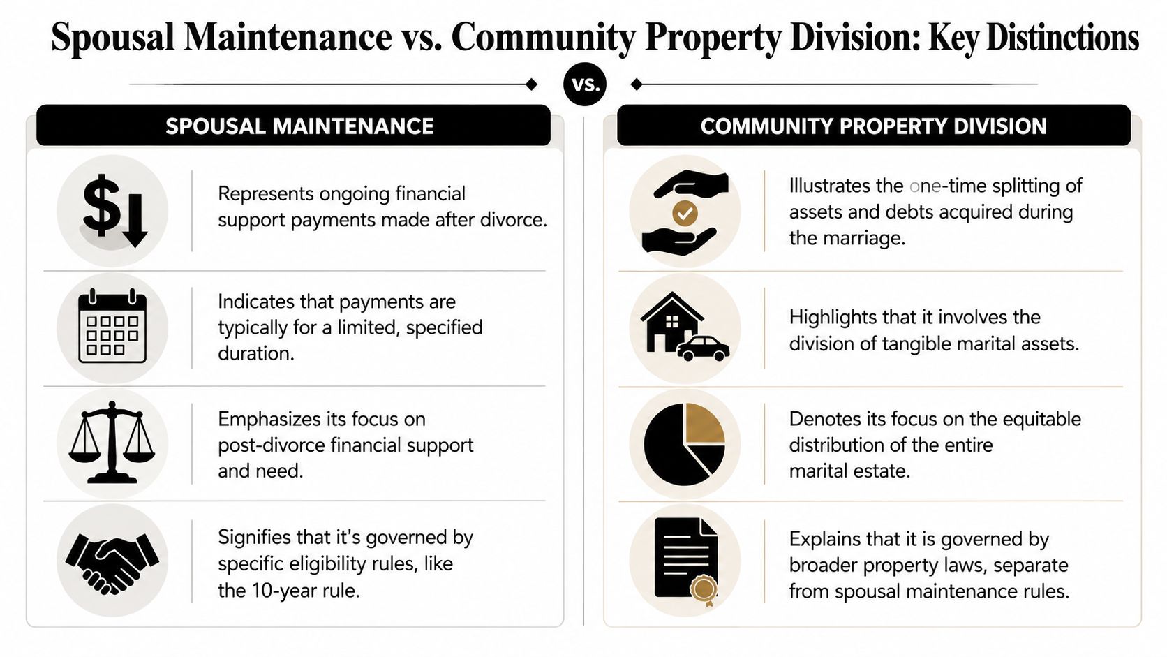 A comparison chart outlining key differences between spousal maintenance and community property division in divorce proceedings.