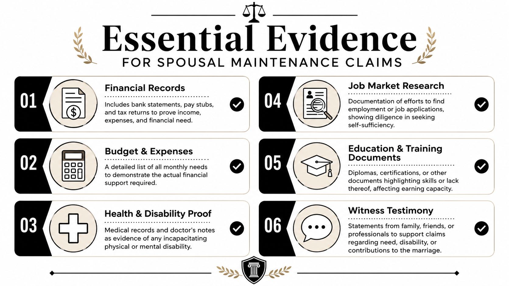 A list of six essential types of evidence required for spousal maintenance claims in a legal divorce.