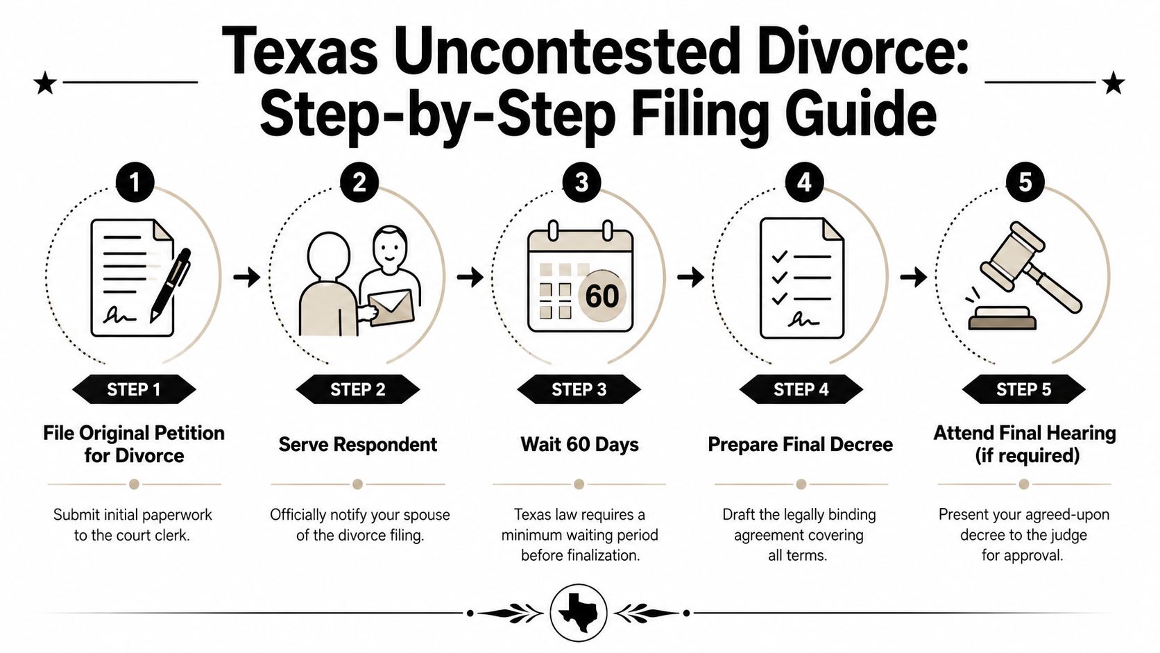 A five-step infographic guide explaining the uncontested divorce process in the state of Texas.