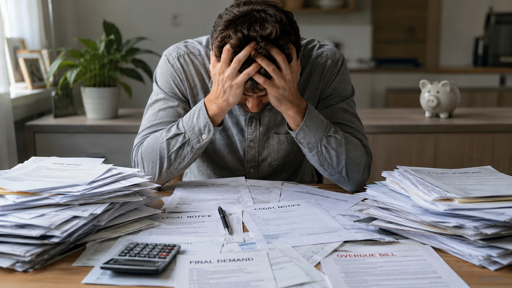 A distressed man sitting at a desk overwhelmed by stacks of legal notices and overdue bills.