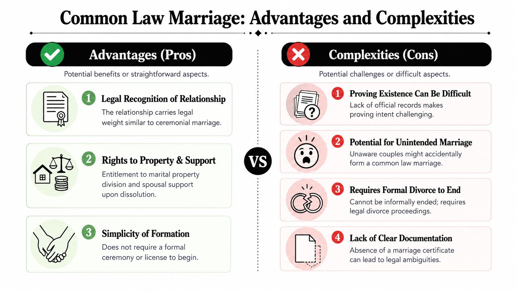 An infographic comparing the legal advantages and challenges associated with common law marriage structures.