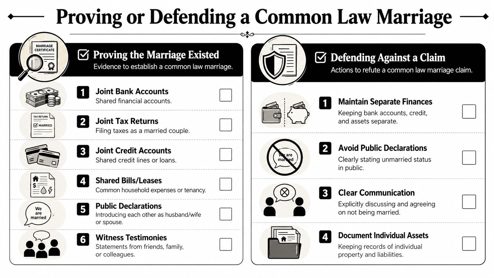 An infographic detailing steps to prove or defend against claims of a common law marriage.