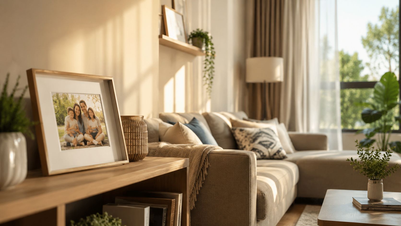 A cozy, sunlit living room featuring a family photo in a frame on a wooden console table.