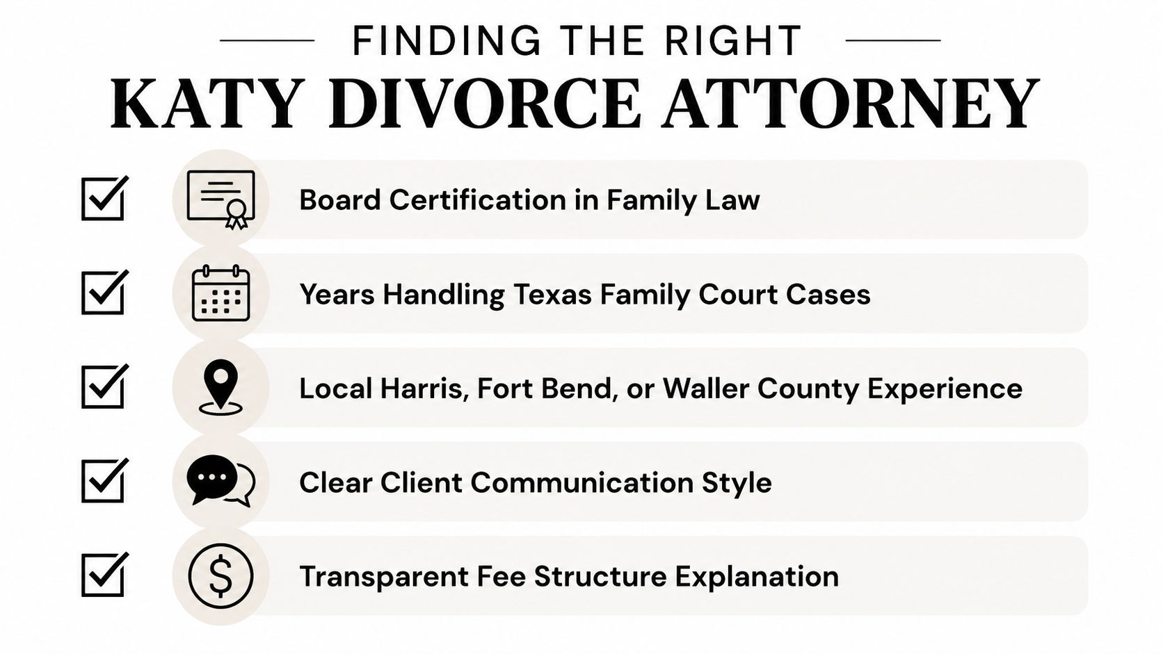 A checklist for selecting the right divorce attorney in Katy featuring five key professional criteria.