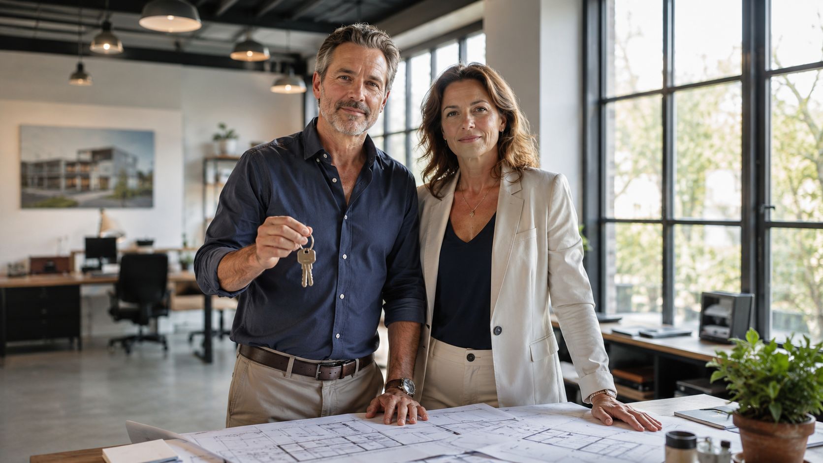 A professional man and woman standing behind an office desk with architectural blueprints, the man holding house keys.