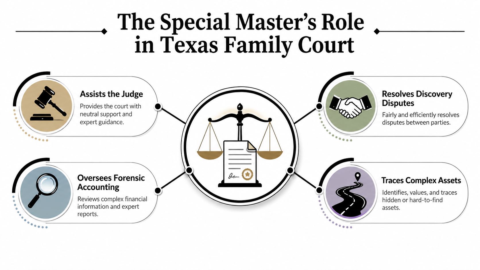 An infographic detailing the four key roles of a special master in Texas family court proceedings.
