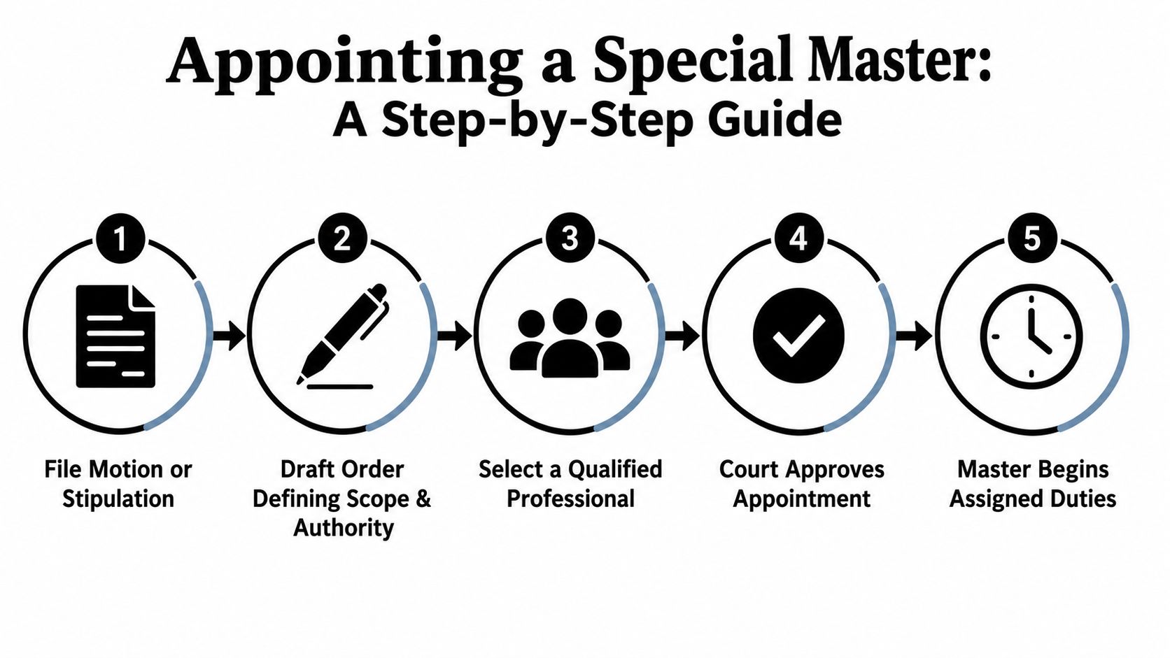 A five-step flowchart infographic illustrating the process for appointing a special master in a legal case.