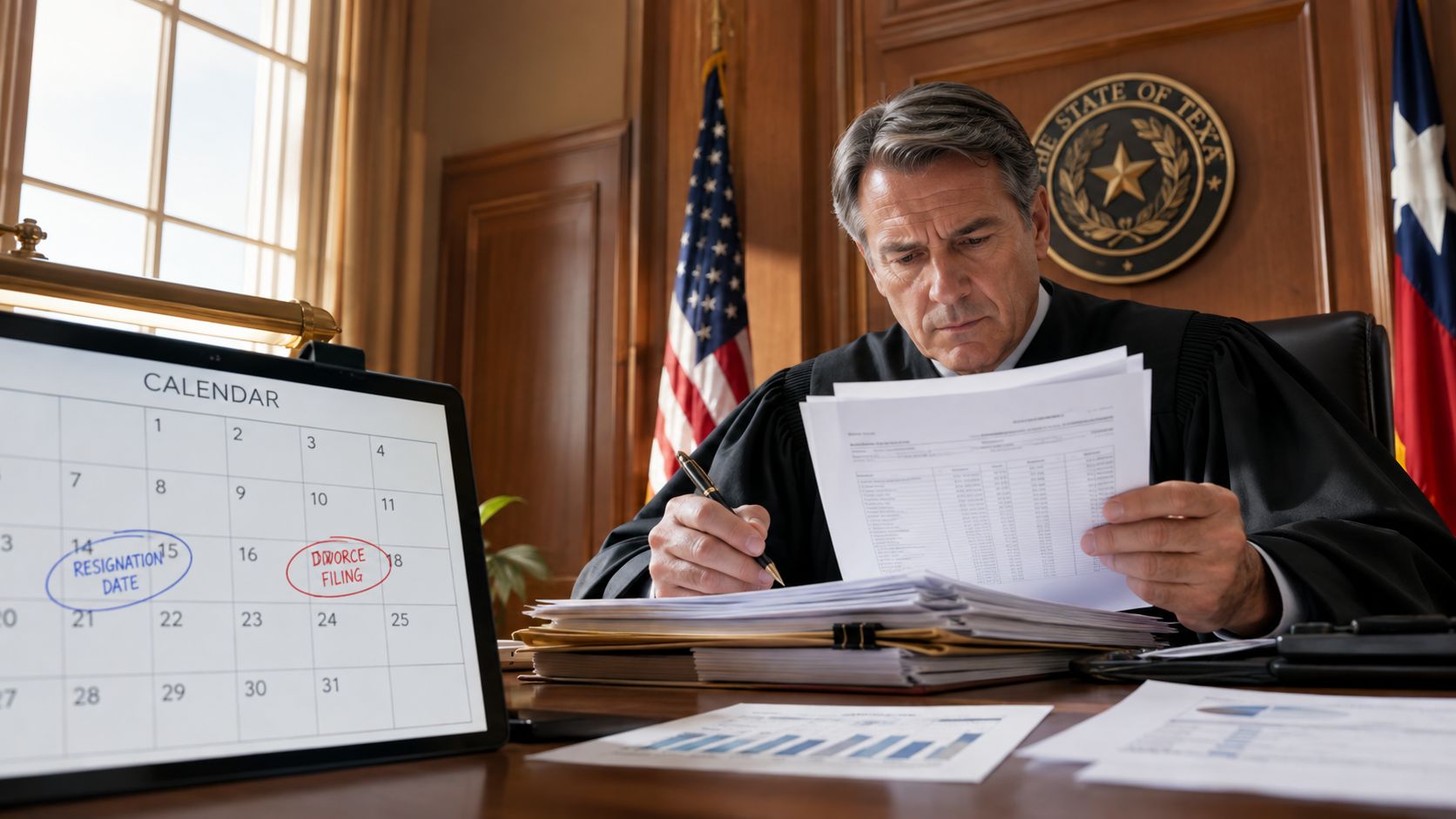 A judge in a courtroom reviews legal documents near a calendar marked with resignation and divorce dates.