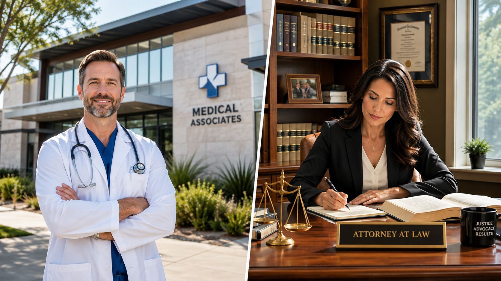 A split image featuring a smiling doctor standing outside a medical building and an attorney writing at her desk.