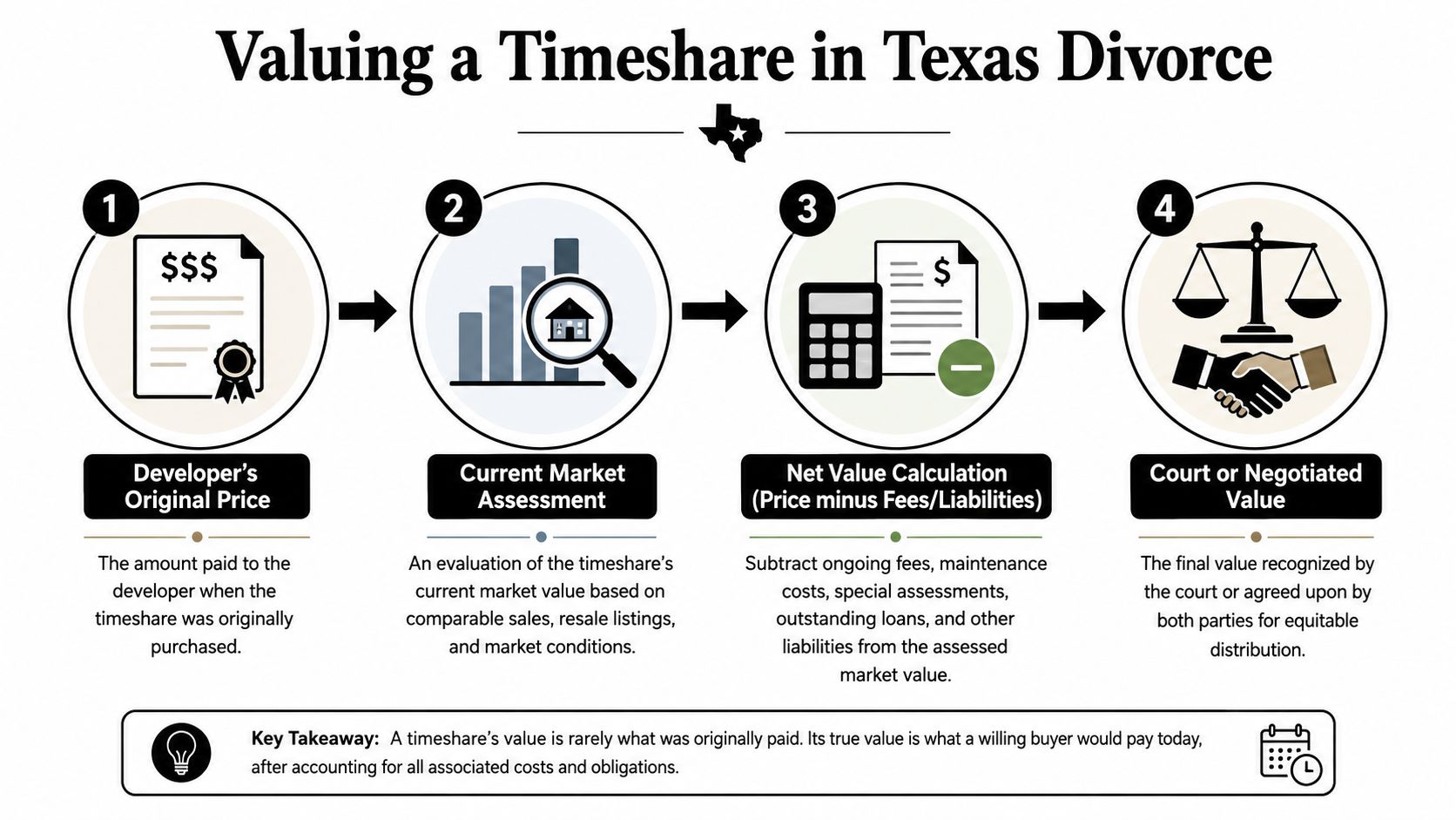 A four-step infographic illustrating the process of valuing a timeshare during a divorce in Texas.