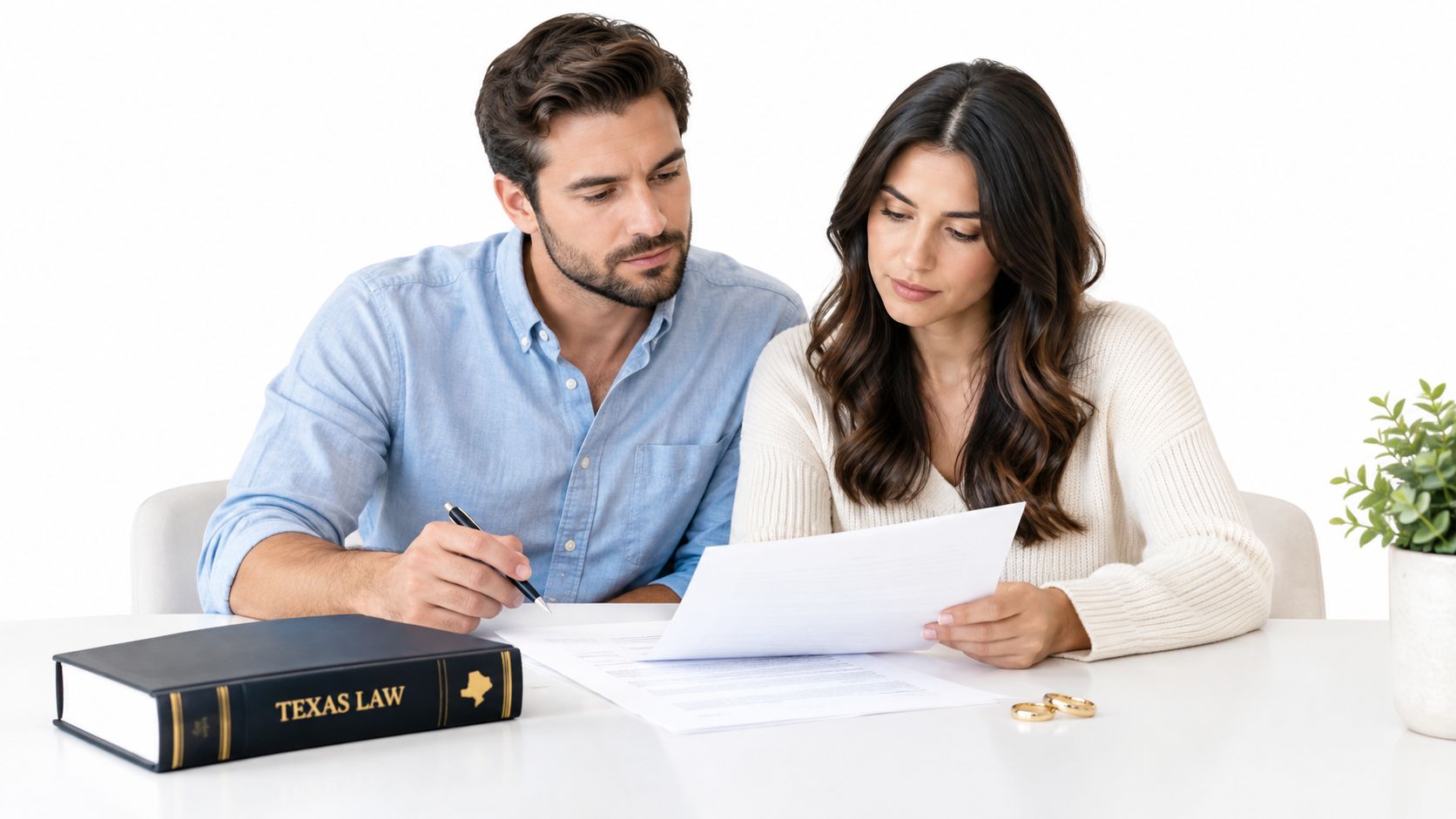 A couple reviewing legal documents with a Texas law book and wedding rings on a table.