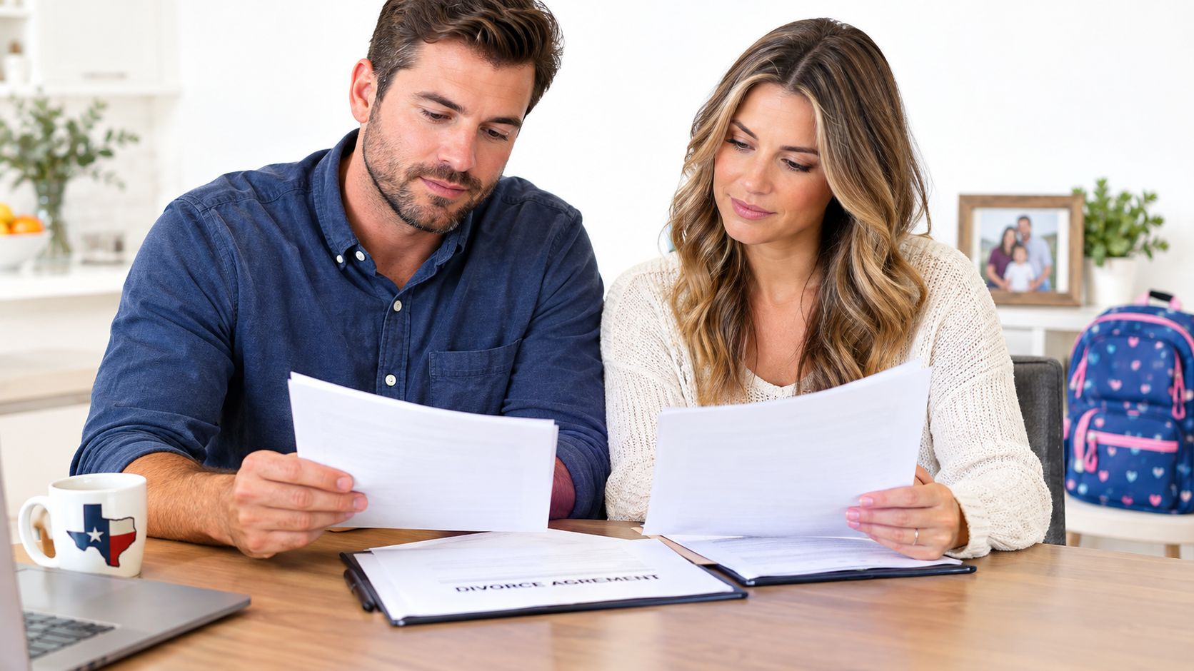 A couple sits at a wooden table reviewing divorce agreement documents together in their home.