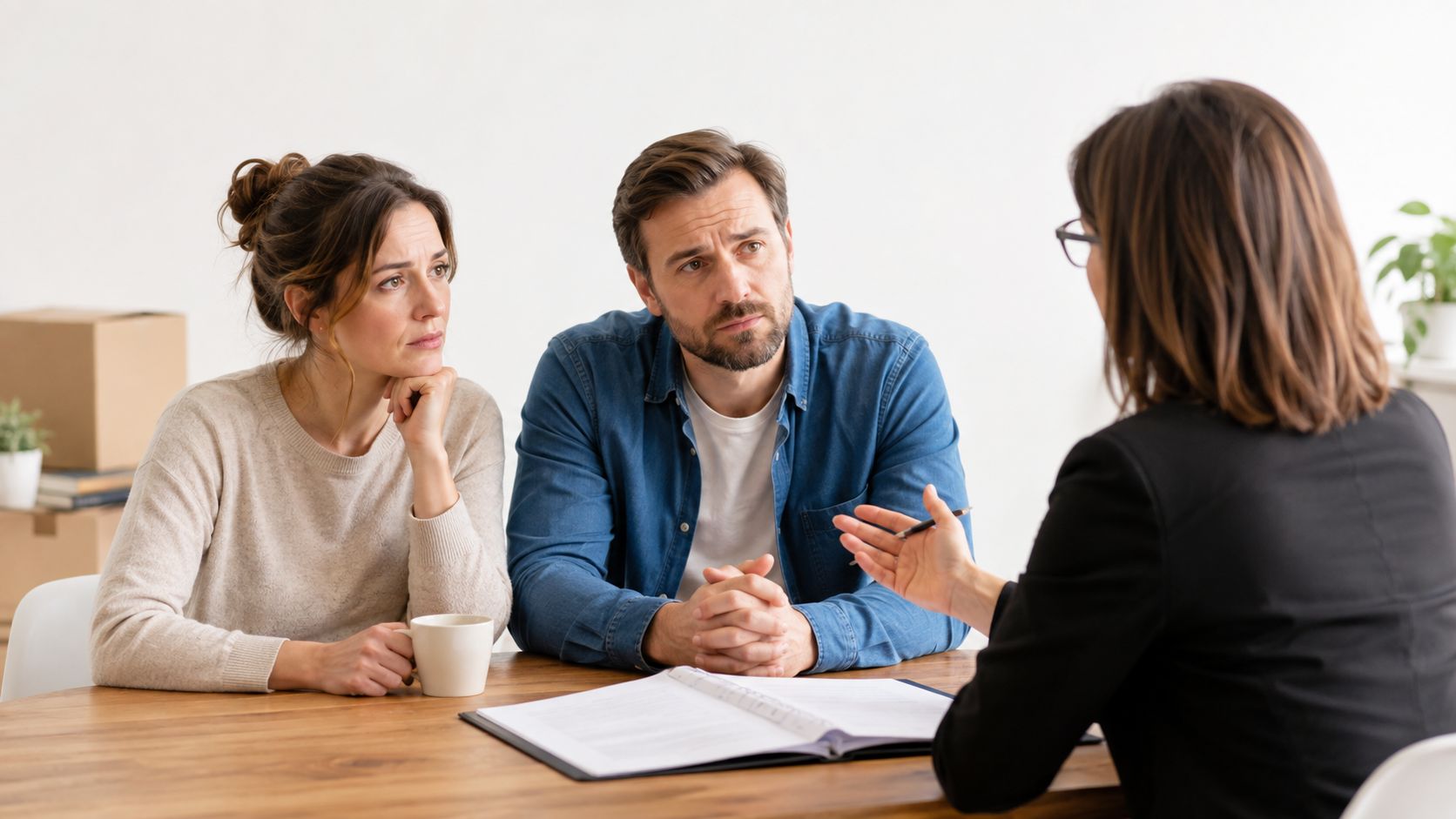 A concerned couple consulting with a professional advisor or lawyer about their divorce and legal paperwork.
