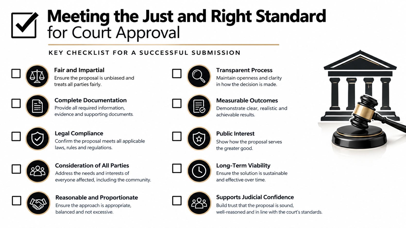 A checklist infographic titled Meeting the Just and Right Standard for Court Approval, featuring ten legal criteria.