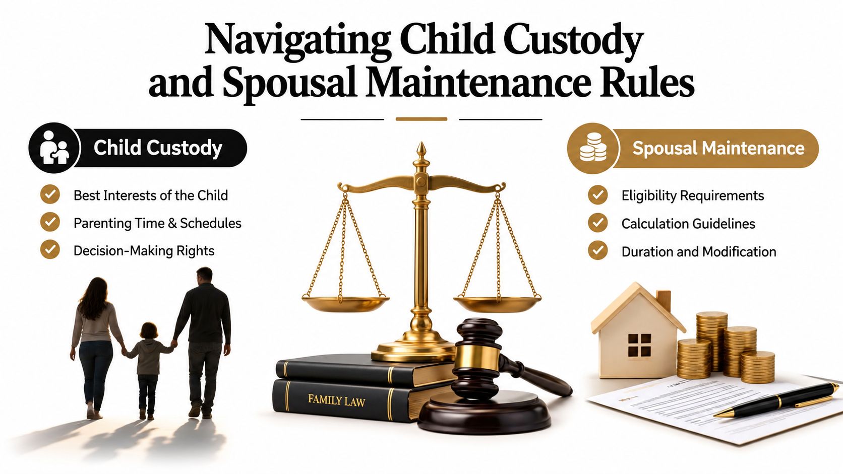 An infographic detailing child custody and spousal maintenance rules with a scale of justice and legal books.